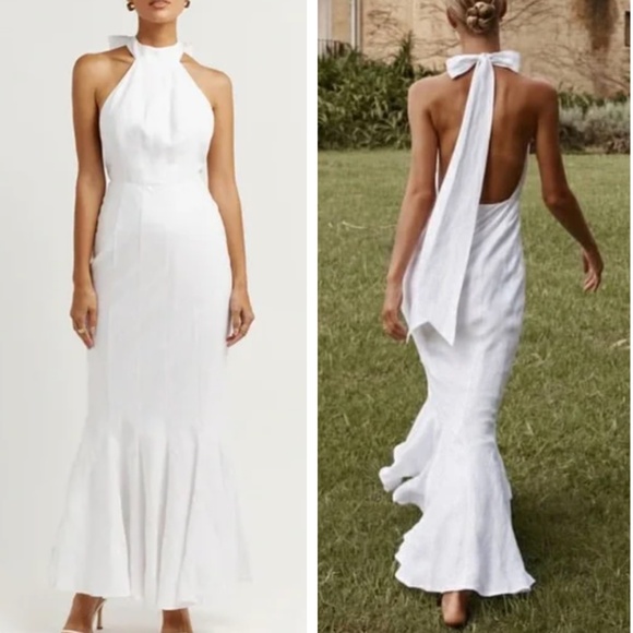 NWT Dissh Aisle White Linen High Neck Maxi Dress Gown Halter White Classic